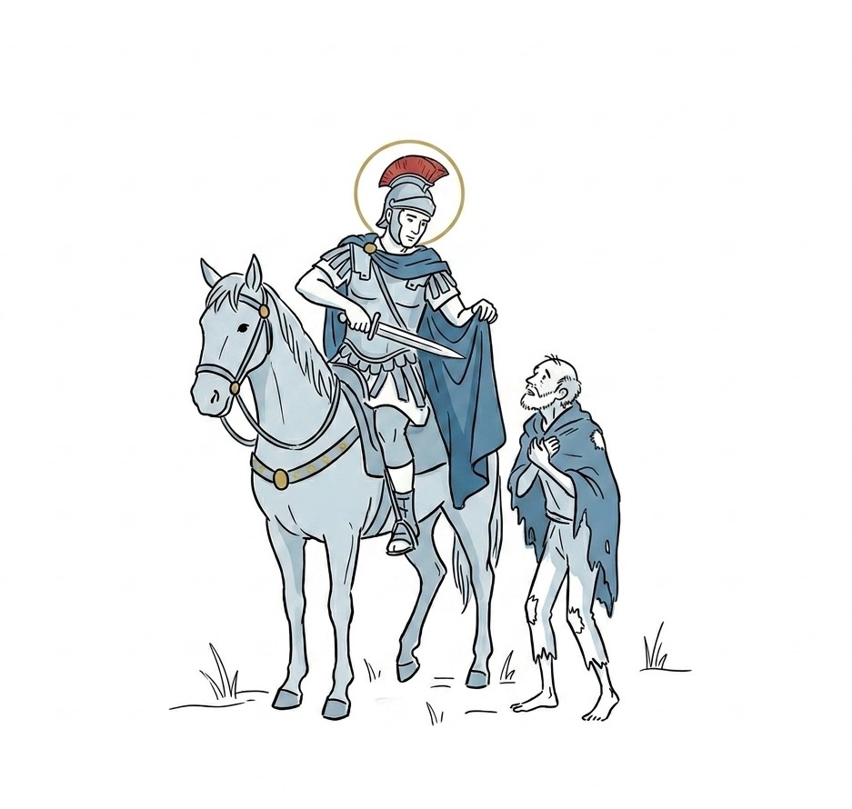 Illustration de l'aventure : Saint Martin à cheval partage son manteau avec un mendiant
